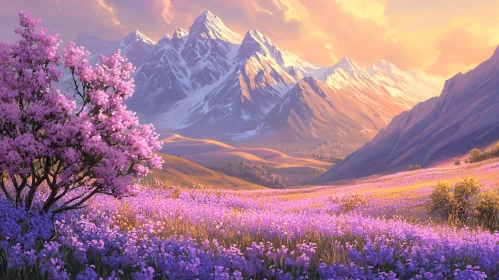 Sunlit Snow-Capped Peaks and Vibrant Floral Meadow