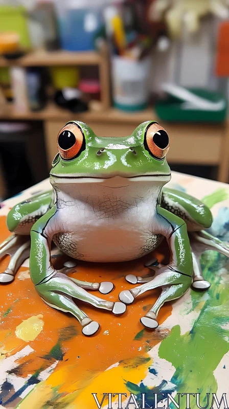 Frog Sculpture on Colorful Palette AI Image