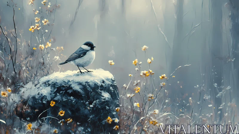 Tranquil Forest with Bird and Flowers AI Image