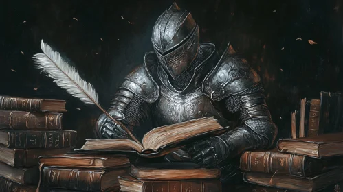 Armored Knight Writing in Ancient Tome