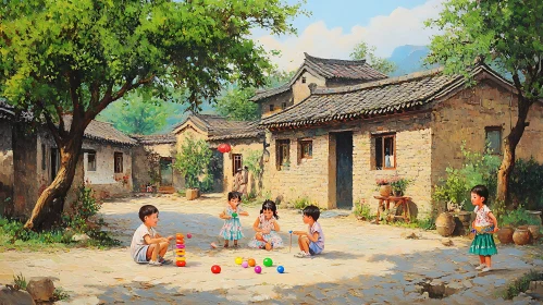 Children Playing in Village Yard