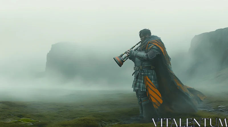 Foggy Field Bagpipe Player AI Image