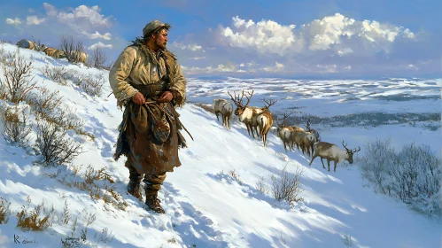 Man and Reindeer in Snowy Field