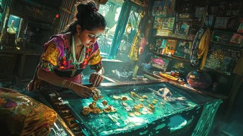 Woman Crafting with Coins in Antique Shop