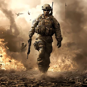Soldier in a Fiery War Zone