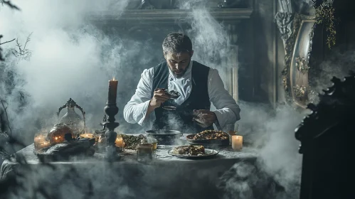 Ethereal Culinary Scene with Man Cooking