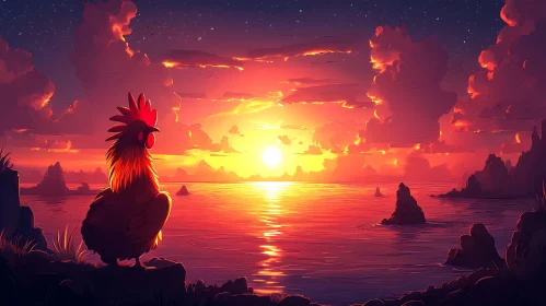 Serene Sunset with Rooster and Sea