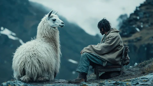 Pensive Moment with Llama in Mountain Landscape