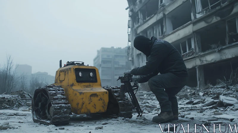 Man and Robot in Ruined City AI Image