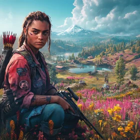 Woman Warrior in Floral Landscape
