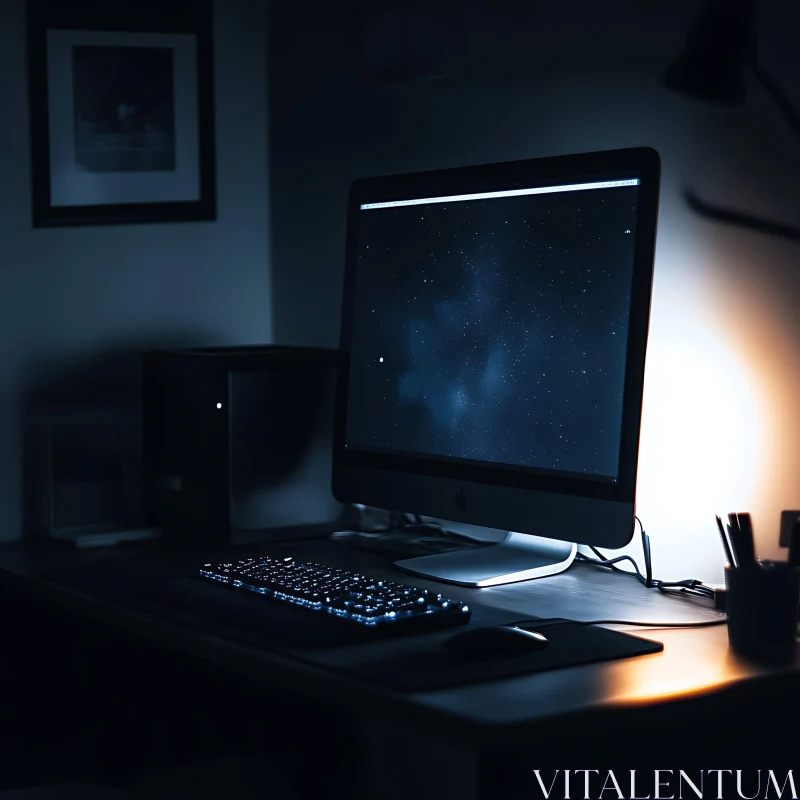 Elegant Computer Setup with Starry Night Display AI Image