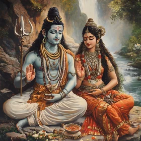 Meditative Shiva Parvati Near Waterfall