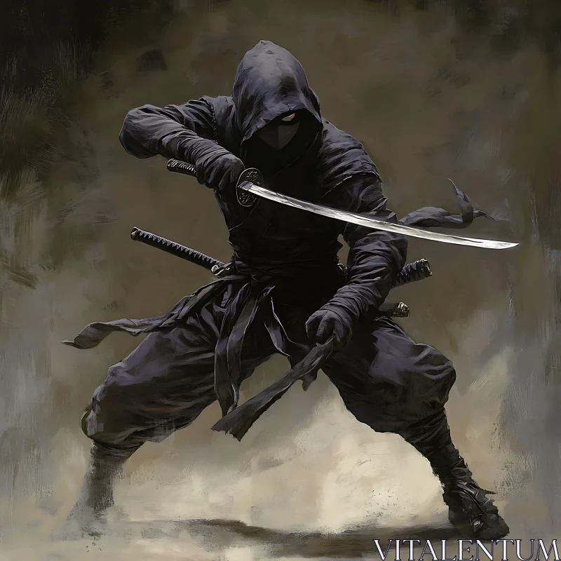 Shadowy Ninja Strikes a Battle Pose AI Image