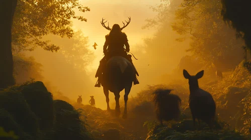 Antlered Rider in Misty Woods