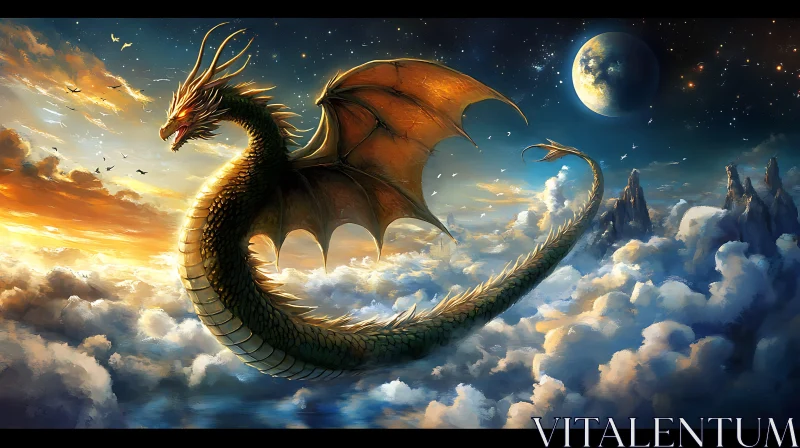 AI ART Golden Dragon in Celestial Flight