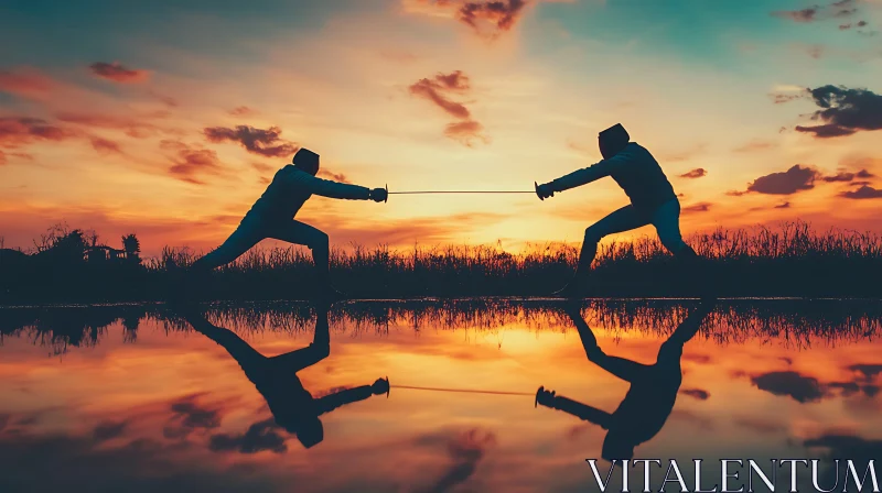 AI ART Silhouetted Fencers at Dusk