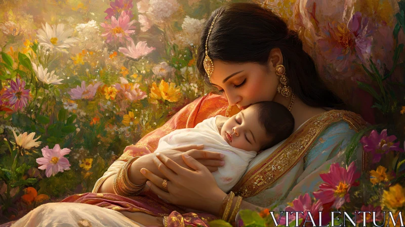 Mother and Child in Floral Embrace AI Image