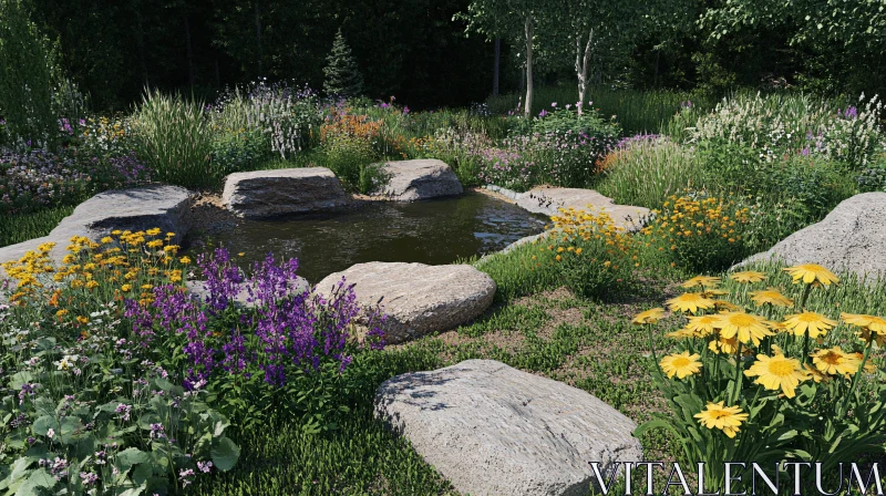 AI ART Tranquil Garden Pond with Rock Edges and Blossoms