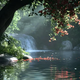 Peaceful Waterscape with Blooming Flowers and Waterfall