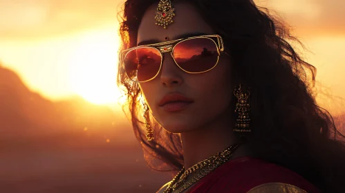 Sunset Woman Portrait with Gold Jewelry