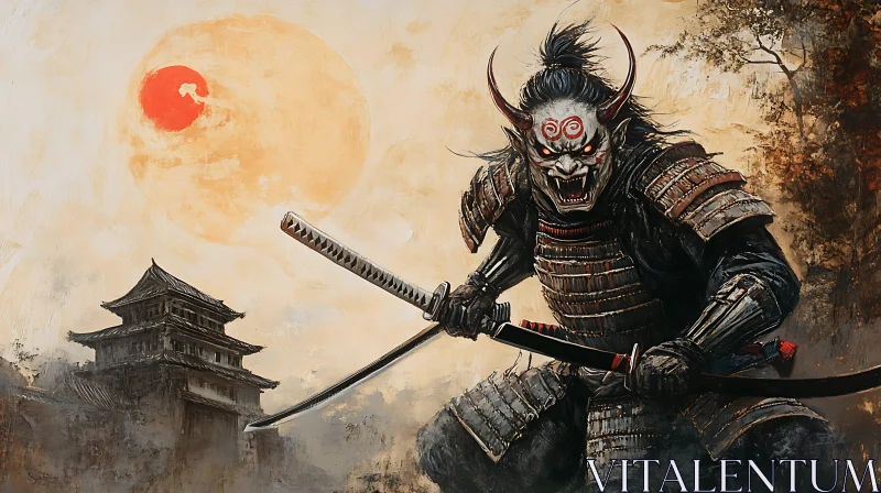 AI ART Demon Masked Samurai with Twin Blades