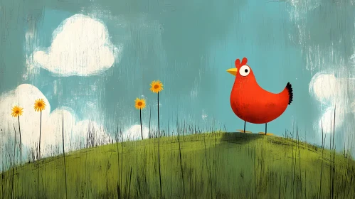 Playful Red Chicken and Gentle Sky