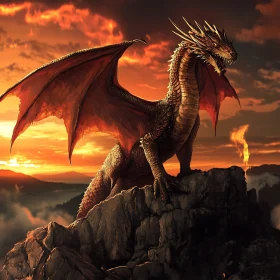 Sunset Dragon Perched on Mountain Top