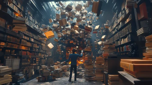 Magical Library with Flying Books