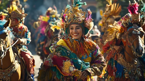 Woman in Multicolored Costume on Horseback