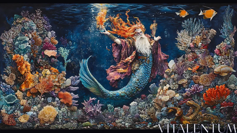 Oceanic Wizard Amidst Colorful Corals AI Image