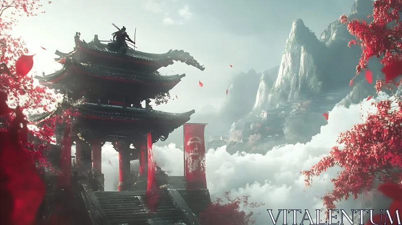 Asian Temple in the Misty Mountains AI Image