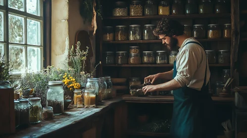 Man Preparing Herbs in Rustic Kitchen