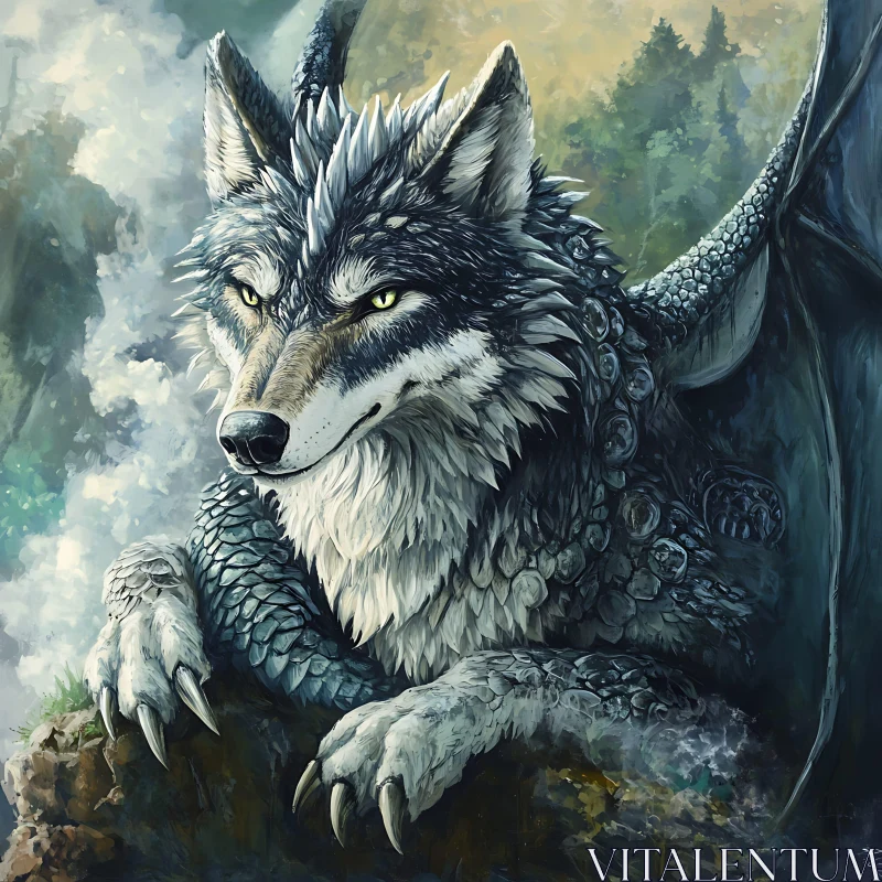 AI ART Mystical Wolf-Dragon Hybrid on Rocky Ledge