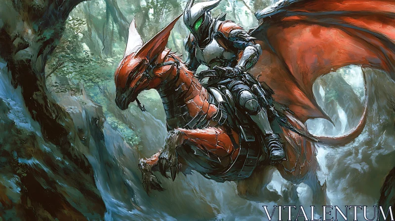 AI ART Armored Rider on Dragon in Misty Woods