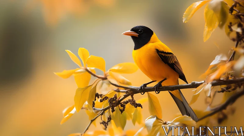 Yellow Bird Among Golden Leaves AI Image