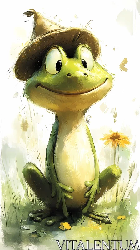 Charming Frog in Grass Illustration AI Image