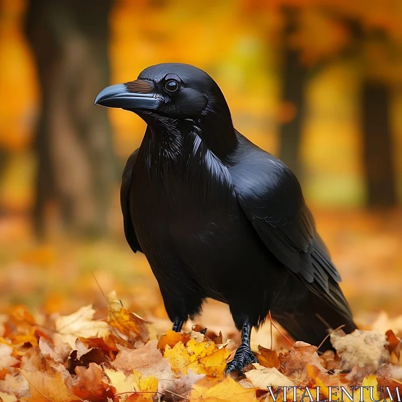 Black Raven on Fall Foliage AI Image