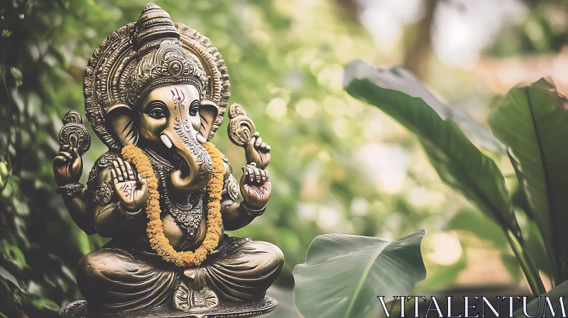 Bronze Ganesha in Verdant Setting Artwork AI Image