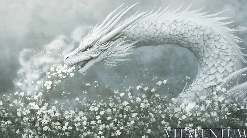 AI ART White Dragon in Floral Mist Landscape