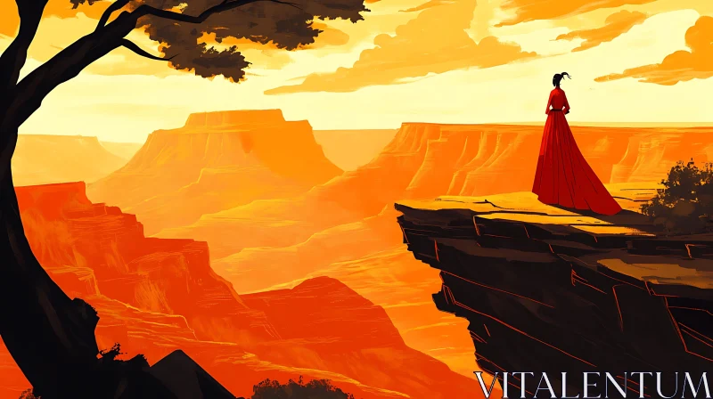 Red Dress Canyon Sunset Art AI Image