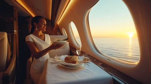 Elegant In-flight Dining with Ocean Sunset