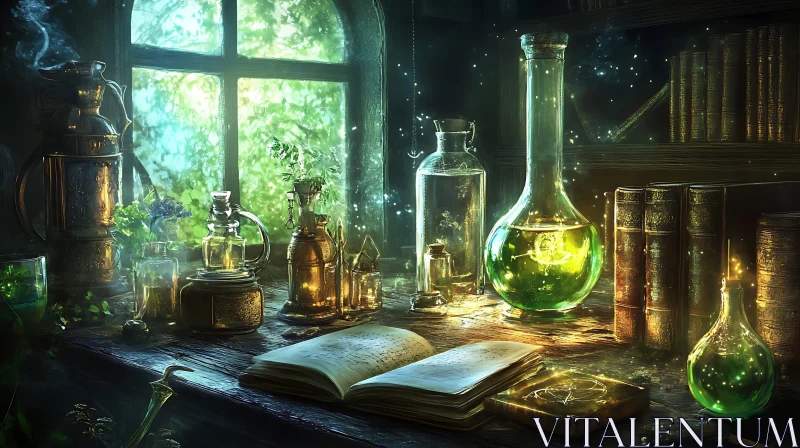 AI ART Mystical Alchemist Workspace with Glowing Potions