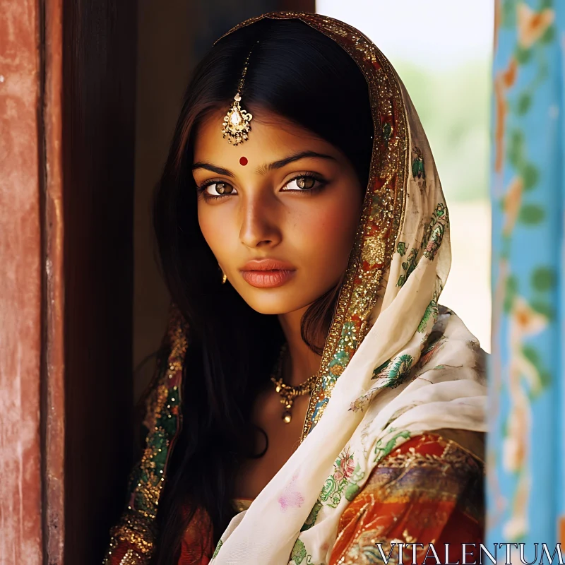 Serene Indian Woman Portrait with Headpiece AI Image