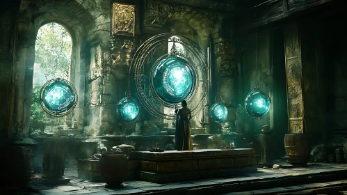 Glowing Orbs in Stone Chamber Artwork