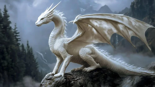 Albino Dragon Overlooking Mountainous Terrain