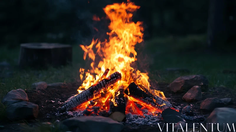 Outdoor Campfire in Dark Woods AI Image