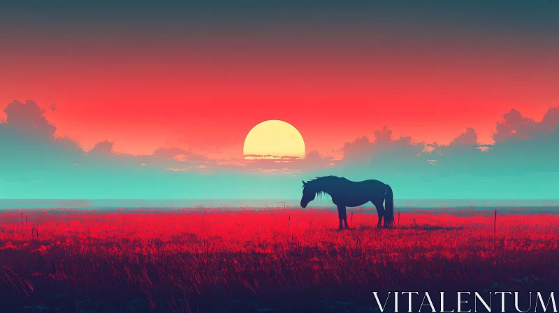 Horse in a Radiant Sunset Field AI Image