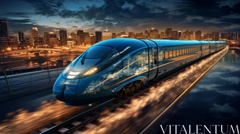 Blue Bullet Train in Futuristic Cityscape: Artistic Journey AI Image