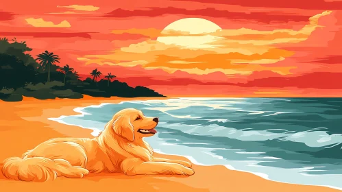 Beach Sunset with Relaxing Golden Retriever