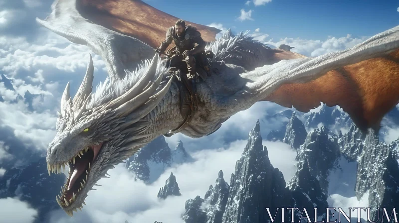 White Dragon and Rider Over Mountains AI Image